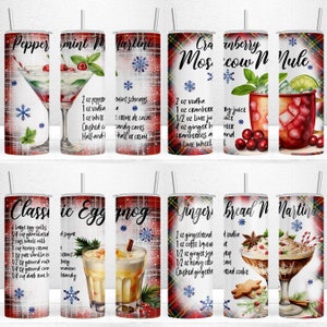 May include: Set of 10 tumbler designs featuring holiday cocktails with ingredients listed. The tumblers have a red and white plaid background with snowflakes. The cocktails include Peppermint Martini, Cranberry Moscow Mule, Classic Eggnog, Gingerbread Martini, and more.