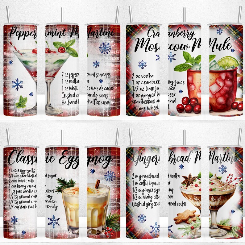 May include: Set of 10 tumbler designs featuring holiday cocktails with ingredients listed. The tumblers have a red and white plaid background with snowflakes. The cocktails include Peppermint Martini, Cranberry Moscow Mule, Classic Eggnog, Gingerbread Martini, and more.