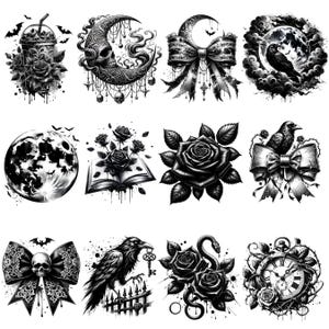 May include: A set of ten black and white digital illustrations featuring gothic and spooky themes. The illustrations include a crescent moon, a raven, a rose, a book, a clock, a bow, and a skull.