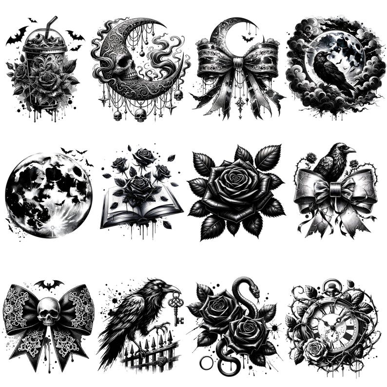 May include: A set of ten black and white digital illustrations featuring gothic and spooky themes. The illustrations include a crescent moon, a raven, a rose, a book, a clock, a bow, and a skull.