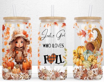 Just a Girl Who Loves Fall 16 oz Libbey Glass Can Tumbler Sublimation Design, Warm Cozy Autumn Orange Pumpkin, Can Tumbler Design PNG