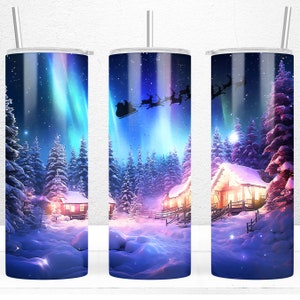 Noël Northern Lights Santa Rennes 20oz Skinny Tumbler Sublimation Design, Christmas Tumbler Wrap, PNG Files Téléchargement instantané
