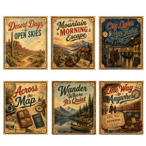 May include: Six vintage-style travel posters with text and illustrations. Themes include desert landscapes, mountain scenes, cityscapes, maps, and travel. Each poster has a distressed, aged appearance with text like "Desert Days & Open Skies."