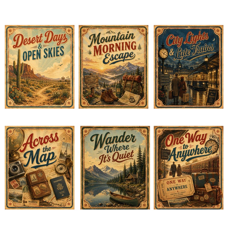 May include: Six vintage-style travel posters with text and illustrations. Themes include desert landscapes, mountain scenes, cityscapes, maps, and travel. Each poster has a distressed, aged appearance with text like "Desert Days & Open Skies."
