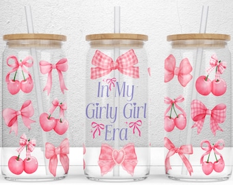 Canette de verre à bière ruban rose soft girl, coquette 16 oz verre Libbey, coquette ruban noeud, coquette cerises fichier PNG en téléchargement numérique