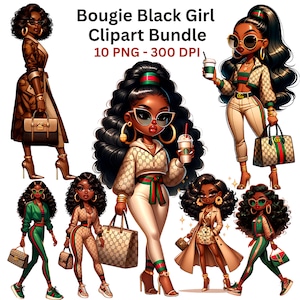 10 Bougie Black Girl Clipart PNG, Black Girl Boss Clipart, Black Woman Clipart, Black Boss Lady, Glam Afro Diva with Designer Bags & Coffee