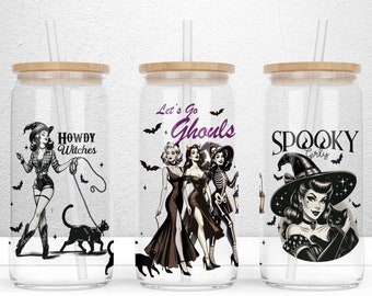Halloween-Hexe 16 Unzen Libbey Glasdose Sublimationsdesign, Lets Go Ghouls Png, Witchy Vibes, Retro Halloween Glasverpackung PNG Digital Download