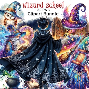 Pode incluir: Um pacote digital de clipart de 32 imagens PNG com tema de escola de magia. As imagens incluem um mago com uma longa barba branca, um estudante mago com uma túnica preta, uma coruja mágica, uma vassoura, um pergaminho, um caldeirão e um livro. As imagens estão sobre um fundo colorido com estrelas e brilhos.