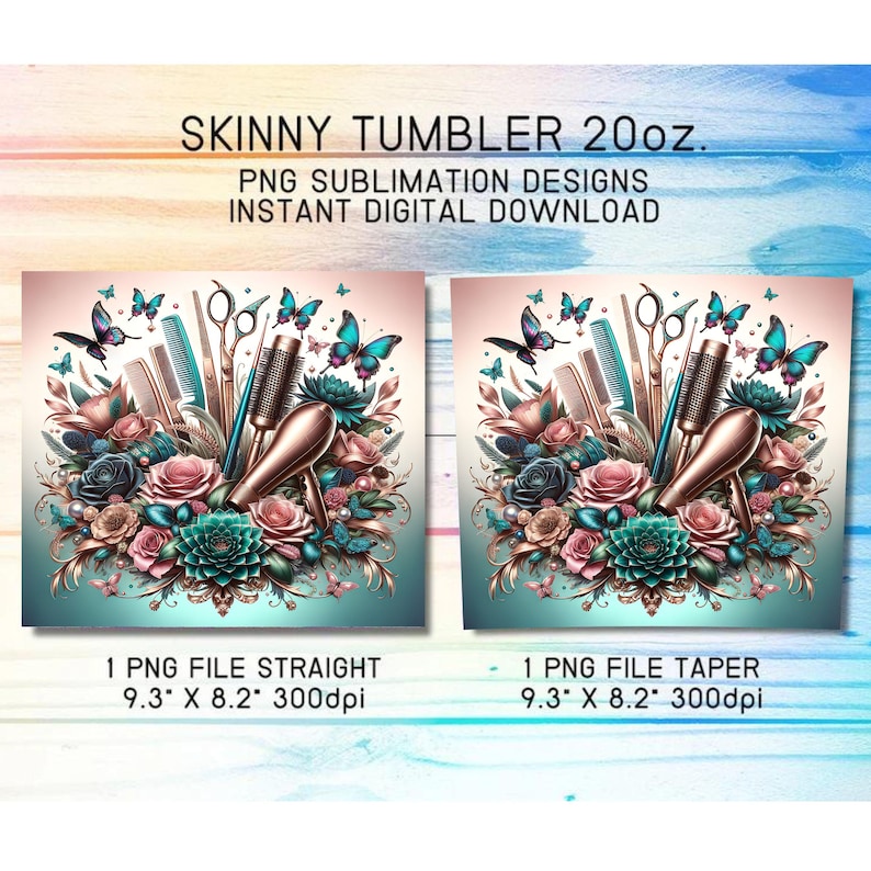 May include: A digital design for a 20 ounce skinny tumbler featuring a floral arrangement with a hair dryer, scissors, combs, and hairbrushes. The design is in shades of pink, teal, and gold.