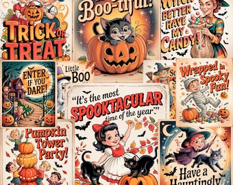 21 Vintage Halloween Postcards PNG Bundle, Retro Funny Spooky Clipart, Cute Witch Cat Ghost PNG,  Halloween Clipart Bundle Digital Download