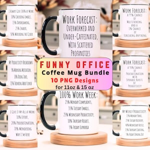 Puede incluir: Conjunto de 10 tazas de café blancas con asas y bordes negros. Cada taza presenta una cita humorística diferente sobre el trabajo y la productividad. Las tazas son de 11 oz y 15 oz.