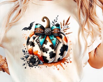 Cowhide Pumpkin PNG, Western Fall Shirt Design, Turquoise Bow Pumpkin Sublimation, Retro Cow Print Pumpkin Clipart, Country Autumn PNG File