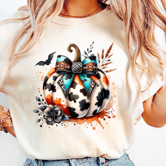 Cowhide Pumpkin PNG, Western Fall Shirt Design, Turquoise Bow Pumpkin Sublimation, Retro Cow Print Pumpkin Clipart, Country Autumn PNG File