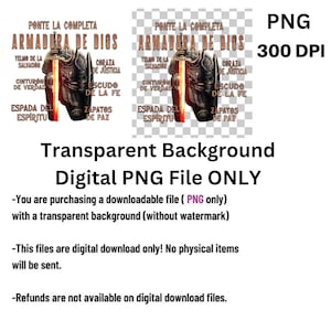 May include: Digital download of a graphic design featuring the text "Ponte la Completa Armadura de Dios" in Spanish, with a depiction of a warrior in armor. The graphic is set against a transparent background.