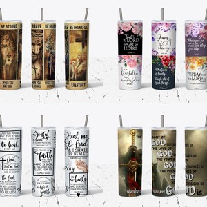 May include: Set of ten 20 oz stainless steel tumblers with various Christian-themed designs. The designs include floral patterns, inspirational quotes, and images of Jesus Christ. The tumblers are perfect for everyday use and make a great gift for any Christian.