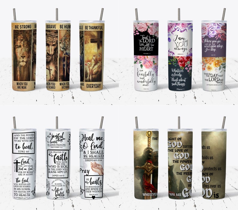 May include: Set of ten 20 oz stainless steel tumblers with various Christian-themed designs. The designs include floral patterns, inspirational quotes, and images of Jesus Christ. The tumblers are perfect for everyday use and make a great gift for any Christian.