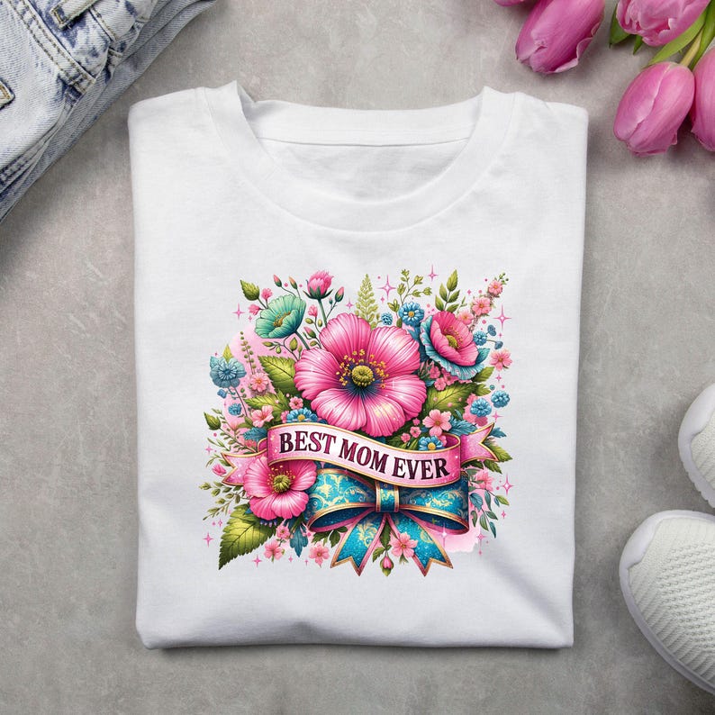 Op de afbeelding: Wit T-shirt met een bloemenontwerp en de tekst "Best Mom Ever" op een roze banner.