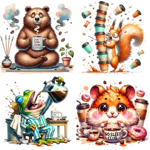 May include: Whimsical illustrations featuring a bear, squirrel, frog, and hamster, all with a coffee theme. The bear holds a mug with text, the squirrel balances coffee cups, the frog pours coffee, and the hamster has a "No Sleep Club" mug.