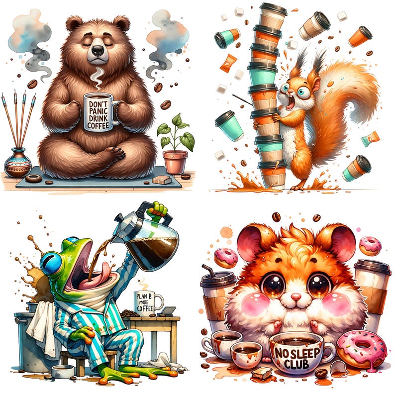 May include: Whimsical illustrations featuring a bear, squirrel, frog, and hamster, all with a coffee theme. The bear holds a mug with text, the squirrel balances coffee cups, the frog pours coffee, and the hamster has a "No Sleep Club" mug.