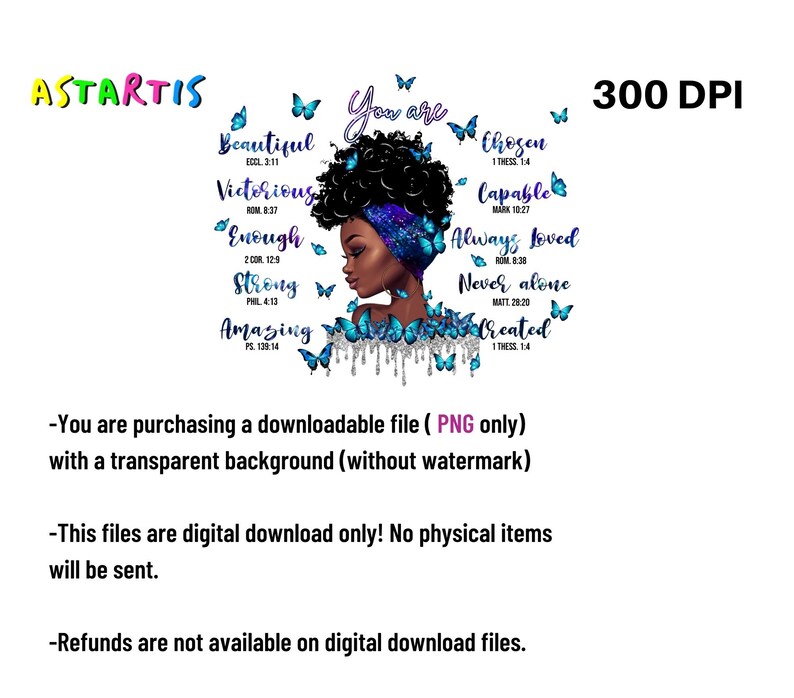 May include: Digital art print featuring a black woman with an afro, wearing a blue headband and surrounded by blue butterflies. The print includes inspirational quotes and bible verses, such as "You are chosen", "Capable", "Always loved", "Never alone", and "Created".