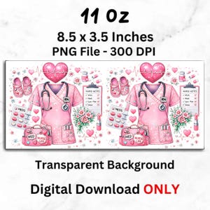 Puede incluir: Un dise&ntilde;o digital con un uniforme de enfermera rosa con estetoscopio, suministros m&eacute;dicos y un dise&ntilde;o en forma de coraz&oacute;n. El texto incluye "Nurse Life" y "RN". La imagen mide 21,59 x 8,89 cm.