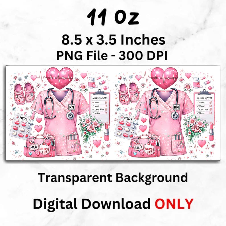 Puede incluir: Un dise&ntilde;o digital con un uniforme de enfermera rosa con estetoscopio, suministros m&eacute;dicos y un dise&ntilde;o en forma de coraz&oacute;n. El texto incluye "Nurse Life" y "RN". La imagen mide 21,59 x 8,89 cm.