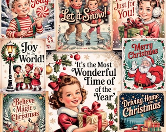 22 vintage kerstkaarten png-bundel, retro kerstkaart, kerst oude rode vrachtwagen png, retro kerstman, retro kinderen png digitale download