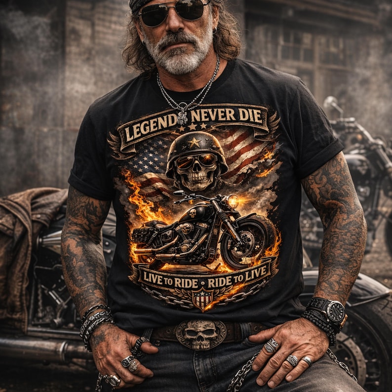 May include: Black t-shirt with a motorcycle graphic, a skull wearing a helmet, and the text "LEGEND NEVER DIE" and "LIVE TO RIDE &bull; RIDE TO LIVE". The design includes an American flag and flames. The person is wearing a belt with a skull buckle.