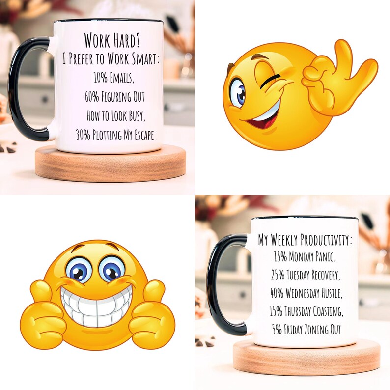 K&ouml;nnte beinhalten: Zwei wei&szlig;e Kaffeetassen mit schwarzen Henkeln und schwarzen R&auml;ndern. Die Tasse links tr&auml;gt den Text "WORK HARD? I PREFER TO WORK SMART: 10% EMAILS, 60% FIGURING OUT HOW TO LOOK BUSY, 30% PLOTTING MY ESCAPE". Die Tasse rechts tr&auml;gt den Text "MY WEEKLY PRODUCTIVITY: 15% MONDAY PANIC, 25% TUESDAY RECOVERY, 40% WEDNESDAY HUSTLE, 15% THURSDAY COASTING, 5% FRIDAY ZONING OUT".