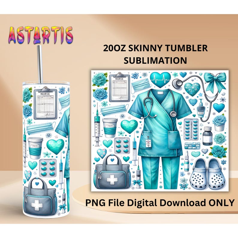 Peut inclure: Un gobelet fin de 20 oz sur le th&egrave;me m&eacute;dical, avec un motif d'&eacute;quipement m&eacute;dical et de blouses en nuances de bleu et de sarcelle. Le motif comprend un uniforme d'infirmi&egrave;re, des st&eacute;thoscopes et des fournitures m&eacute;dicales. Le gobelet est con&ccedil;u pour la sublimation.