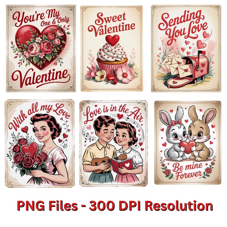 May include: A collection of six vintage-style Valentine's Day themed digital art prints. Each print features romantic imagery such as hearts, flowers, couples, and bunnies. Text includes phrases like "You're My Valentine" and "Be Mine Forever". The prints are labeled as PNG files with 300 DPI resolution.