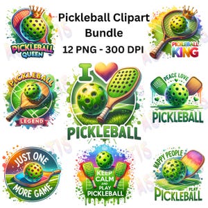 Peut inclure: Un ensemble de 12 images clipart numériques présentant des motifs colorés avec des raquettes et des balles de pickleball. Les motifs incluent des phrases comme "Pickleball Queen", "Pickleball King", "J'aime le pickleball", "Paix Amour Pickleball", "Juste un jeu de plus", "Restez calme et jouez au pickleball", et "Les gens heureux jouent au pickleball".