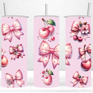 Coquette Pink Bows Soft Girl Aesthetic 20oz Skinny Tumbler Sublimation Design, Tumbler Gift For Girl, Coquette Cherries PNG Digital Download