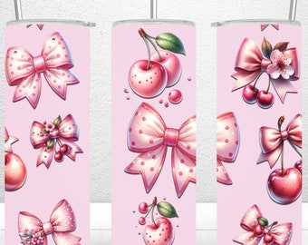 Coquette Pink Bows Soft Girl Aesthetic 20oz Skinny Tumbler Sublimation Design, Tumbler Gift For Girl, Coquette Cherries PNG Digital Download