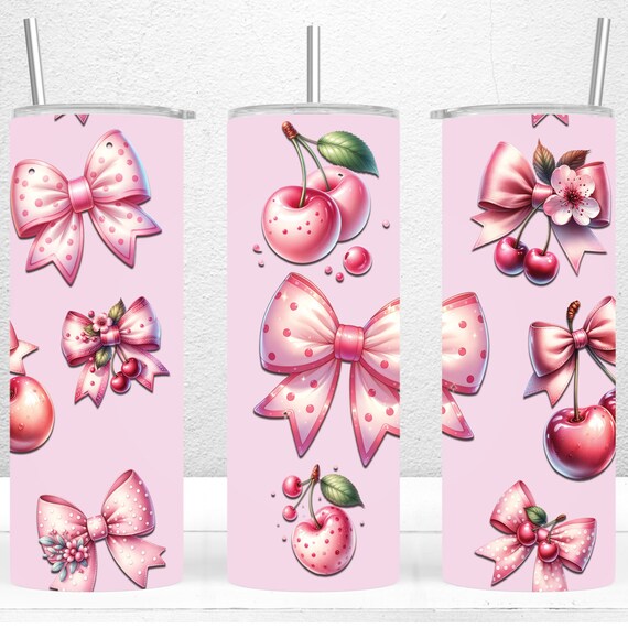 Coquette Pink Bows Soft Girl Aesthetic 20oz Skinny Tumbler Sublimation Design, Tumbler Gift For Girl, Coquette Cherries PNG Digital Download