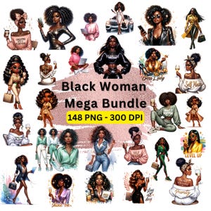 Puede incluir: Un paquete de arte digital con ilustraciones de mujeres negras en varias poses y atuendos. El texto "Black Woman Mega Bundle" se muestra de forma destacada, junto con "148 PNG - 300 DPI". Las ilustraciones incluyen texto como "Fearless" y "Boss Lady".
