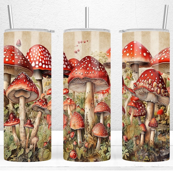 Cottagecore Mushrooms Tumbler Wrap, 20oz Skinny Tumbler Sublimation Design, Wildflower Cottagecore Tumbler, PNG File Digital Download