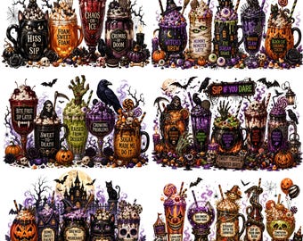 15 Spooky Drinks Halloween Clipart PNG Bundle, Witchy Coffee Sublimation, Gothic Halloween PNG, Halloween Drinks PNG Digital Download