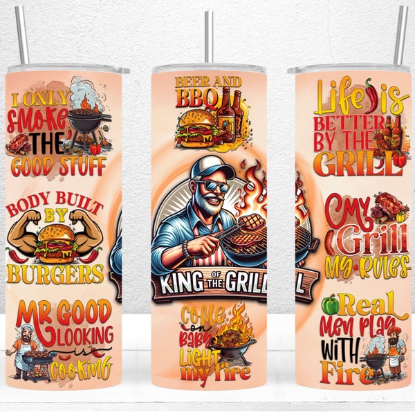 Funny Grilling Tumbler Wrap, 20oz Skinny Tumbler Designs, BBQ Tumbler Wrap, King Of The Grill PNG, Dad Tumbler Gift, PNG Digital Download