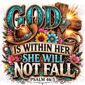 May include: A digital graphic with the word "GOD" in turquoise and gold, a brown cowboy hat, and a wooden cross. The text "IS WITHIN HER SHE WILL NOT FALL" is displayed on a banner, with "PSALM 46:5" below. Colorful flowers and rope accents surround the text.