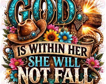 God Is Within Her She Will Not Fall PNG, Psalm 46:5 Christian Shirt Design, Western Christian Floral Cross PNG, Christian Sublimation Design