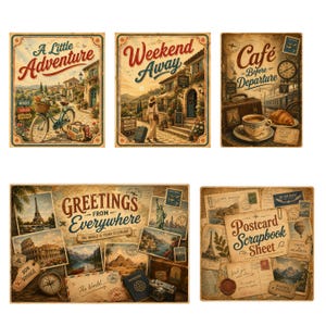 May include: Set of vintage-style travel-themed posters. The posters feature illustrations of European scenes, a bicycle, a cafe, and postcards. Text includes "A Little Adventure", "Weekend Away", "Cafe Before Departure", and "Greetings From Everywhere".