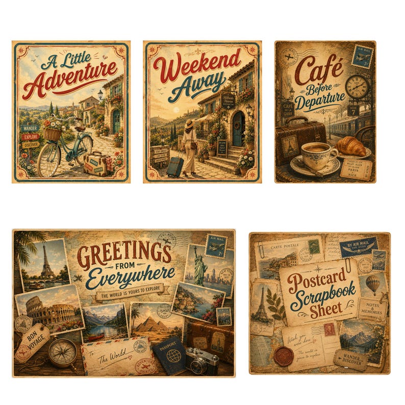 May include: Set of vintage-style travel-themed posters. The posters feature illustrations of European scenes, a bicycle, a cafe, and postcards. Text includes "A Little Adventure", "Weekend Away", "Cafe Before Departure", and "Greetings From Everywhere".