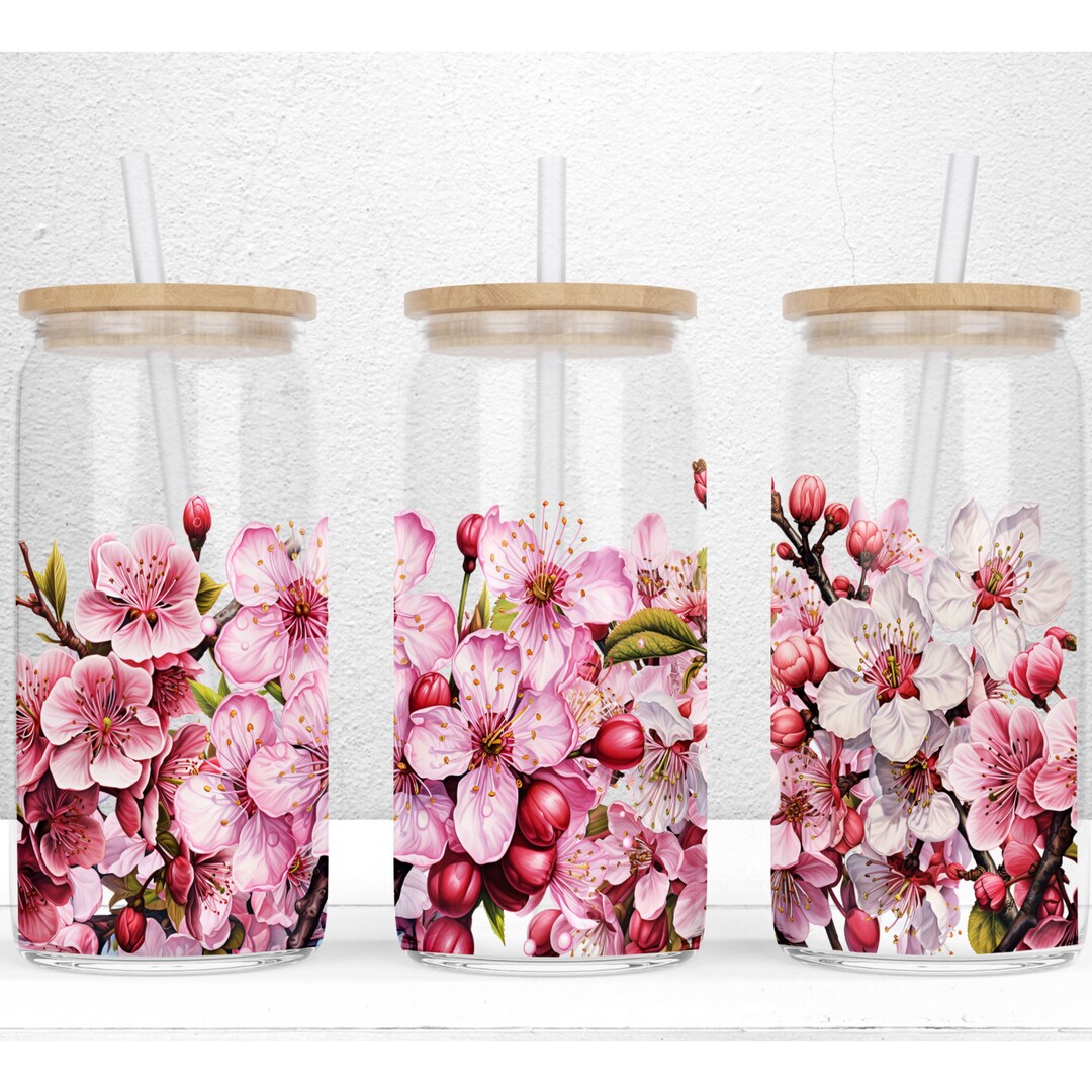 Cherry Blossom Flower 16oz Libbey Glass Can Sublimation Design, Floral ...