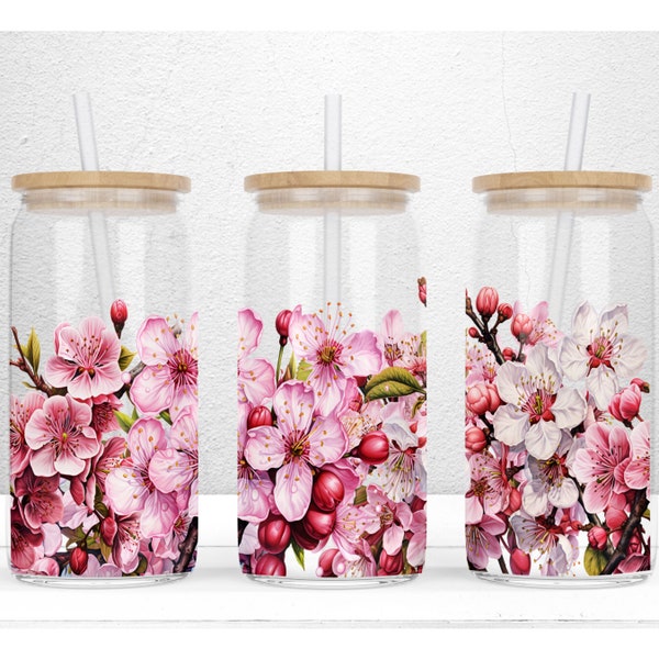 Cherry Blossom Flower 16oz Libbey Glass Can Sublimation Design, Floral Glass Can Wrap, Cherry Blossom Tumbler Wrap, PNG Digital Download