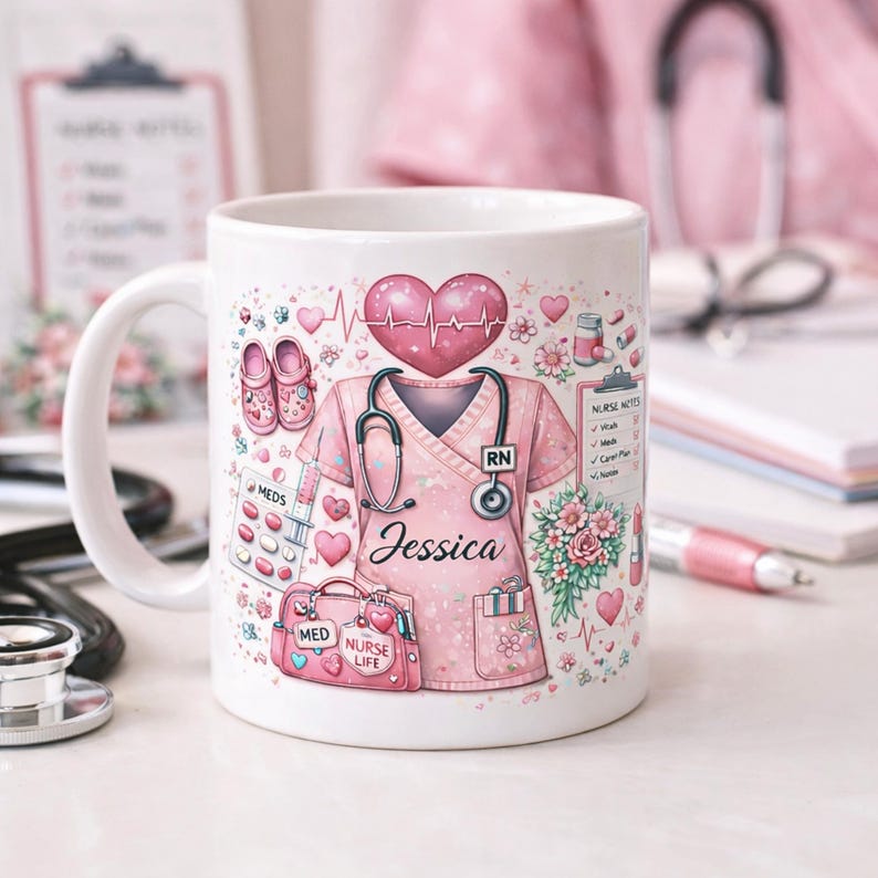 Puede incluir: Taza de cer&aacute;mica blanca con un dise&ntilde;o rosa con tem&aacute;tica de enfermer&iacute;a. El dise&ntilde;o incluye una bata rosa, un estetoscopio, un coraz&oacute;n y el nombre "Jessica". Elementos adicionales incluyen suministros m&eacute;dicos y las palabras "Nurse Life".