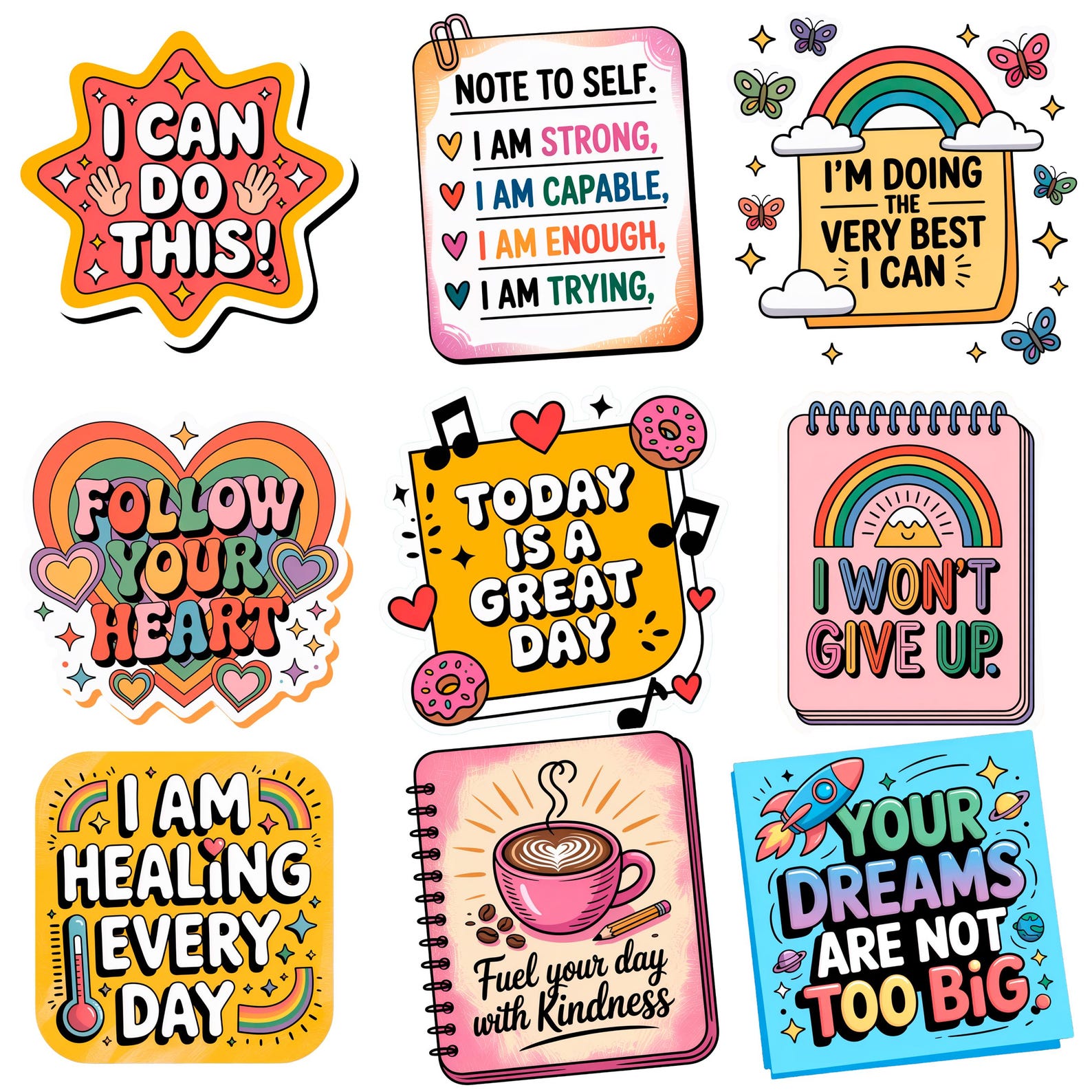 22 Positive Affirmations Printable Stickers Bundle, Mental Health ...