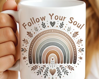 Boho Regenbogen Affirmationen Becherverpackung, 11 Unzen & 15 Unzen Bechervorlage, Boho Becherverpackung, Folgen Sie Ihrer Seele Regenbogen Becherverpackung PNG Digitale Datei