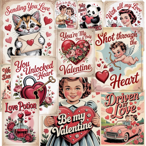 24 Vintage Valentine Cards PNG Bundle, Retro Valentine PNG, Cute Love Cards, Retro Cupid Png, 1950s Valentine Clipart, Romantic PNG Bundle