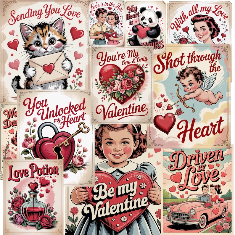 24 Vintage Valentine Cards PNG Bundle, Retro Valentine PNG, Cute Love Cards, Retro Cupid Png, 1950s Valentine Clipart, Romantic PNG Bundle